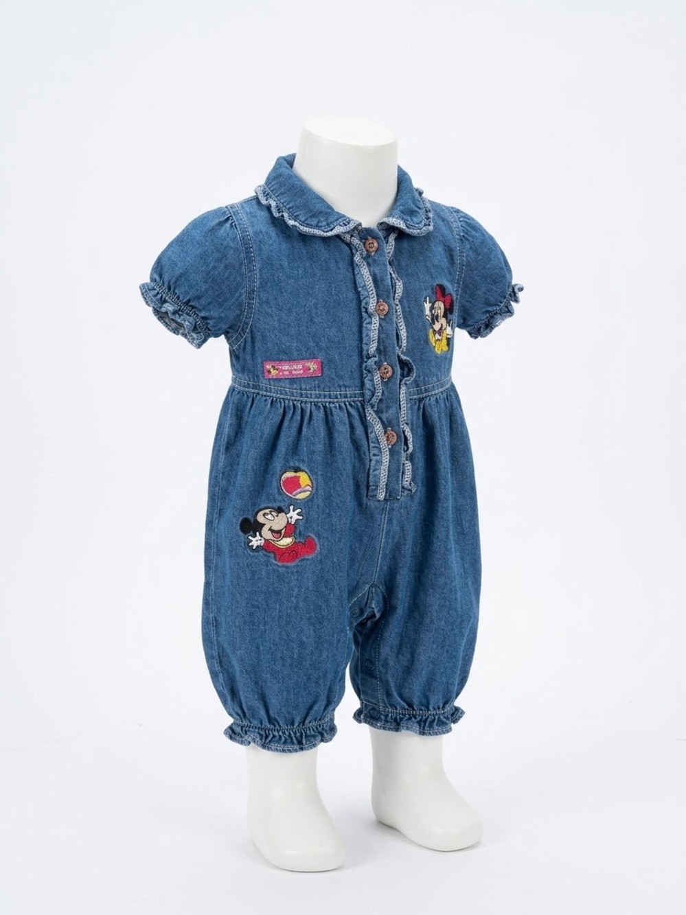 Unbranded Girls' Blue Denim Romper with Minnie Mouse Embroidery